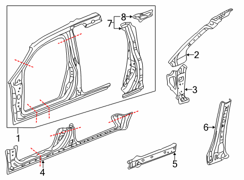 1999 Honda Odyssey Center Pillar, Hinge Pillar, Rocker, Uniside Panel Set, L. FR. (Outer) Diagram for 04642-S0X-305ZZ