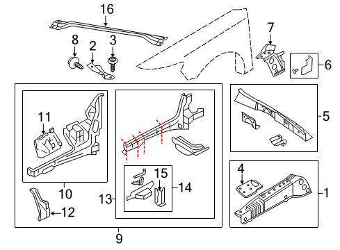 2012 Lincoln MKS Structural Components & Rails Mount Assembly Diagram for 9G1Z-54108A26-A