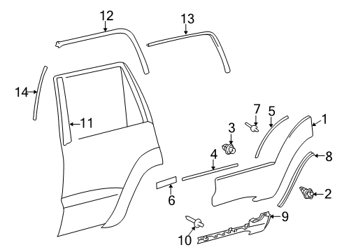 2008 Toyota 4Runner Exterior Trim - Rear Door Lower Cladding Retainer Strip Diagram for 75492-35010