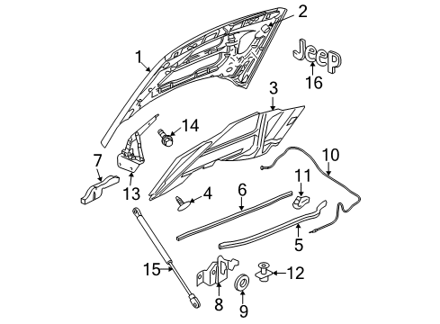 2008 Jeep Commander Hood & Components, Exterior Trim Hood Panel Diagram for 55396564AB