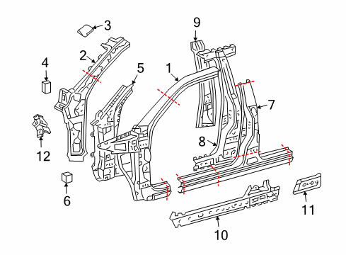 2005 Lexus GX470 Center Pillar & Rocker, Hinge Pillar Bracket, Instrument Panel Side, NO.2 RH Diagram for 61183-35040
