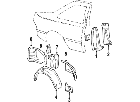 1984 Ford Tempo Quarter Panel - Inner Components Inner Wheelhouse Diagram for E43Z5427887A