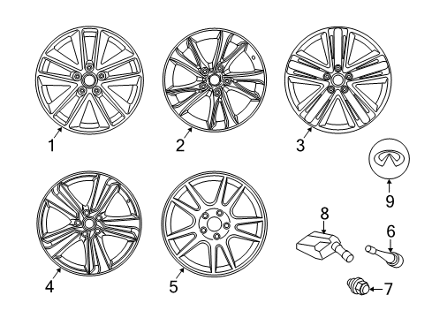 2016 Infiniti Q50 Wheels, Covers & Trim "17-inch, Split 5-spoke Bright Wheel (includes center cap)". Front / Rear 17 x 7.5 with 45mm offset (1-piece) Diagram for 999W1-J2017