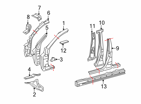 2008 Lexus IS250 Center Pillar & Rocker, Hinge Pillar Bracket, Front Fender, Rear RH Diagram for 53821-53020