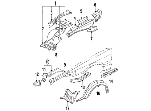 1990 Infiniti M30 Structural Components & Rails Protector-Front Fender Lower RH Diagram for 63844-F6620