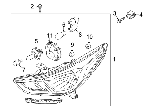 2021 Hyundai Accent Bulbs Right Driver Side Halogen Headlamp Lens Chip Diagram for 92102-J0020