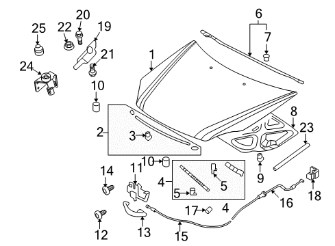 2010 Kia Optima Anti-Theft Components Clip-Hood Seal Strip Mounting Diagram for 86438-2B000