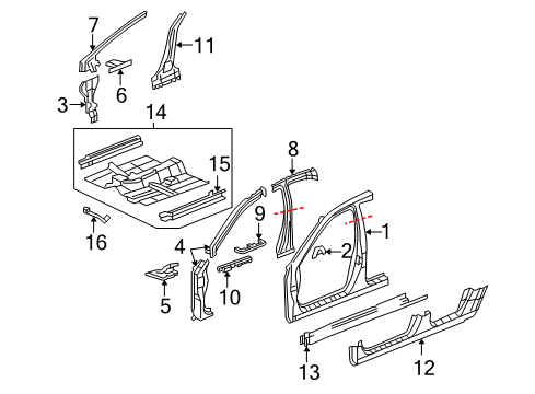 2005 Acura RL Center Pillar, Hinge Pillar, Rocker, Floor & Rails, Uniside Floor, Front Diagram for 65100-SJA-A00ZZ