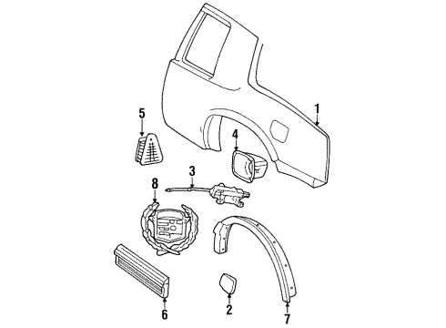 2000 Cadillac Eldorado Quarter Panel & Components, Exterior Trim Molding Asm, Rear Quarter Center Front (RH) *Paint To Mat Diagram for 3637171