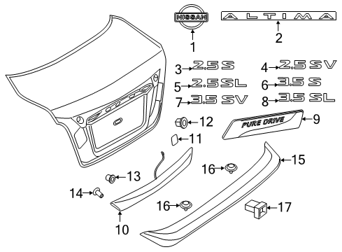 2014 Nissan Altima Spoiler, Exterior Trim Grommet Diagram for 26557-2U001