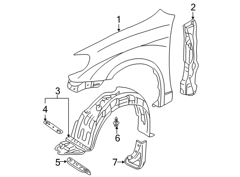 2004 Toyota Corolla Fender & Components, Exterior Trim Fender Liner Retainer Diagram for 53879-02020