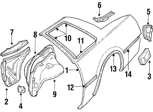 1985 Pontiac J2000 Sunbird Quarter Panel & Components, Exterior Trim Kit-Molding O/P Front Of Rear Wheel Opng Diagram for 20501574