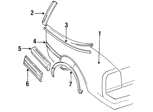 1991 Oldsmobile Cutlass Supreme Quarter Panel & Components, Glass, Exterior Trim Molding Asm-Rear Quarter Center Front *Black Diagram for 10167351