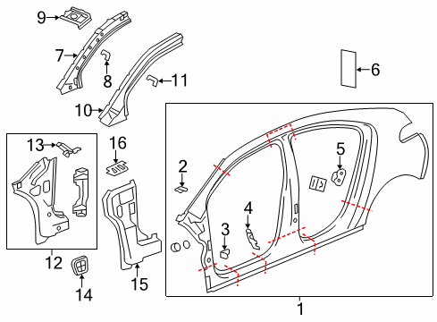 2011 Chevrolet Volt Hinge Pillar, Uniside Inner Hinge Pillar Extension Diagram for 25983657
