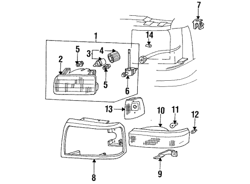 1995 Ford Bronco Headlamp Components, Park & Side Marker Lamps Adjuster Diagram for F2TZ-13K040-A