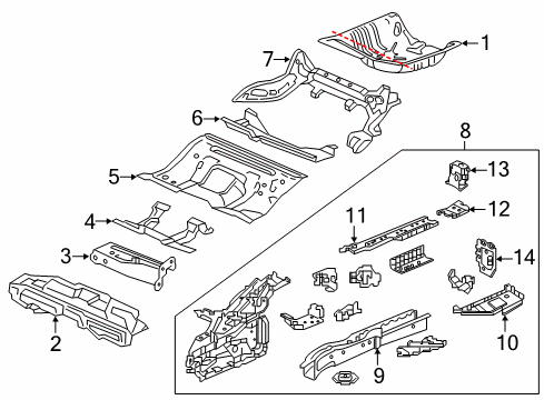 2020 Honda Civic Rear Body - Floor & Rails Up Frame End L, Re Diagram for 65668-TBG-A00ZZ