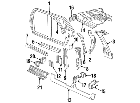 1988 Ford Aerostar Center Pillar, Hinge Pillar, Rocker, Floor, Uniside Side Sill Diagram for E69Z1110136A