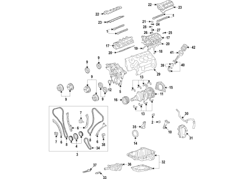 2020 Cadillac XT6 Engine Parts, Mounts, Cylinder Head & Valves, Camshaft & Timing, Variable Valve Timing, Oil Cooler, Oil Pan, Oil Pump, Crankshaft & Bearings, Pistons, Rings & Bearings Guide Diagram for 12647881