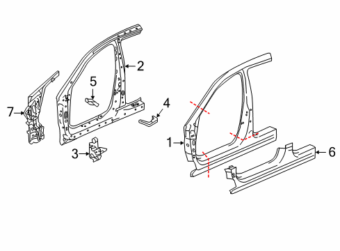 2017 Acura TLX Aperture Panel, Hinge Pillar, Rocker Pillar, Left Front Diagram for 64515-TZ3-325ZZ