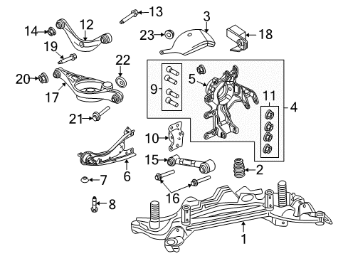 2010 Mercury Milan Rear Suspension Components, Lower Control Arm, Upper Control Arm, Stabilizer Bar Knuckle Assembly Diagram for 7E5Z-4A013-R