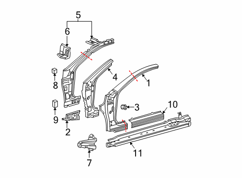 2008 Toyota Solara Hinge Pillar, Rocker Pillar Reinforcement Diagram for 61109-AA030