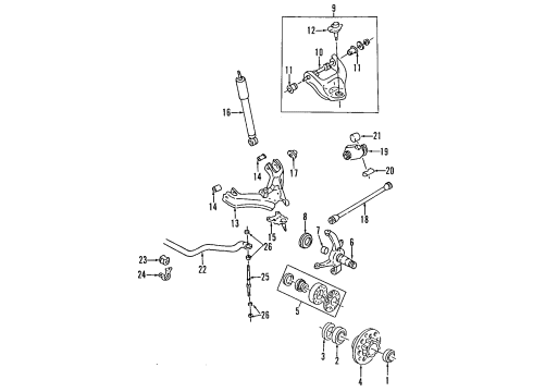 1995 Honda Passport Front Suspension Components, Lower Control Arm, Upper Control Arm, Stabilizer Bar, Torsion Bar, Locking Hub Knuckle, Right Front Axle Diagram for 8-97012-100-0