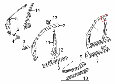 2012 Acura ZDX Aperture Panel, Center Pillar, Hinge Pillar, Rocker Frame Complete Left, Front Floor Diagram for 65160-SZN-A00ZZ