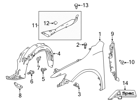 2018 Acura TLX Fender & Components Fender R, Front Inner Diagram for 74100-TZ3-A01