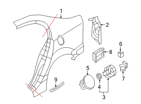 2009 Honda Civic Quarter Panel & Components, Exterior Trim Adapter Assy., Receptacle Diagram for 74480-SNF-A00