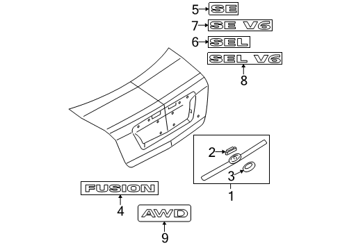 2009 Ford Fusion Exterior Trim - Trunk Lid License Molding Diagram for 6E5Z-5442512-BPTM