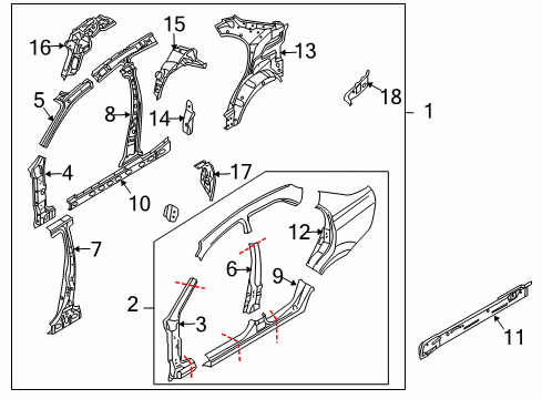 2007 Chevrolet Aveo Center Pillar, Hinge Pillar, Rocker, Uniside Inner Rocker Diagram for 95212520