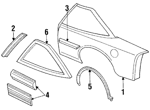 1991 Oldsmobile Cutlass Supreme Quarter Panel & Components, Glass, Exterior Trim Molding Asm-Rear Quarter Center Front *White Diagram for 10216218