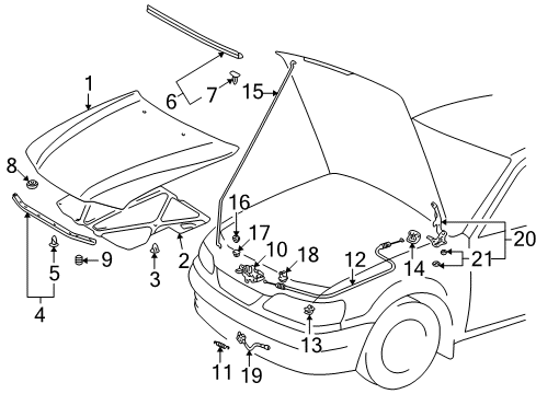 2002 Toyota Corolla Hood & Components Release Handle Diagram for 53611-02030-B0