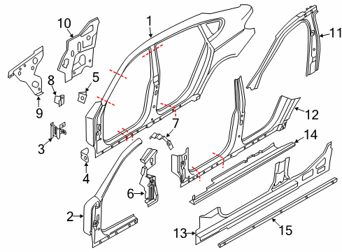 2014 BMW 550i GT Center Pillar & Rocker, Hinge Pillar, Uniside Support, A-Pillar, Left Diagram for 41107204077