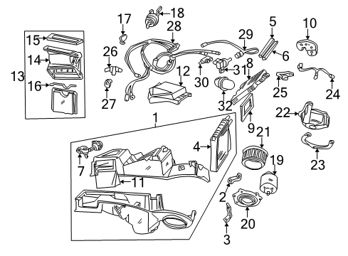 1999 Ford Mustang A/C Evaporator & Heater Components Shaft Assembly Diagram for F5ZZ-19B752-AA