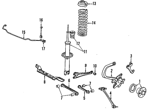 1988 Acura Legend Rear Axle, Lower Control Arm, Upper Control Arm, Stabilizer Bar, Suspension Components Cover, Driver Side Splash Guard Diagram for 43255-SD4-000