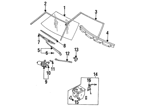 1989 Nissan Sentra Windshield Glass, Wiper Components, Reveal Moldings Tank Window Washer Diagram for 28910-61A60