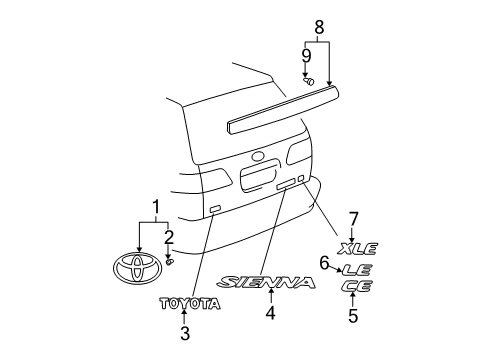 1999 Toyota Sienna Exterior Trim - Lift Gate Emblem Retainer Diagram for 90084-46002