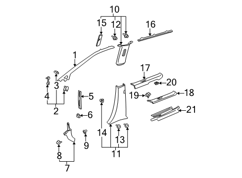 2003 Toyota Sienna Interior Trim - Pillars, Rocker & Floor Windshield Pillar Trim Diagram for 62212-08040-E0