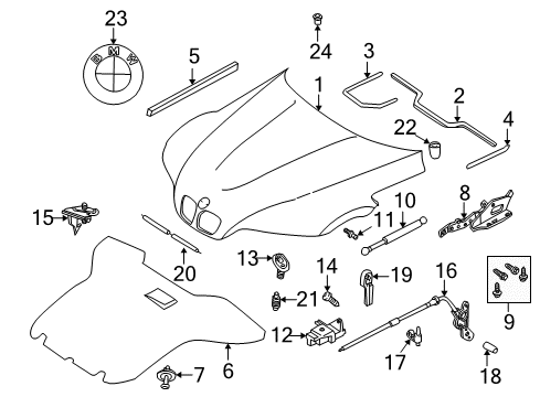 2000 BMW Z3 Hood & Components Engine Hood Mechanism Diagram for 51238397410