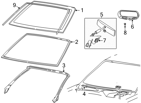 1999 Ford Mustang Windshield Glass, Reveal Moldings Windshield Diagram for XR3Z-7603100-CC