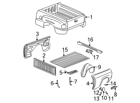 2003 GMC Sierra 2500 HD Pickup Box Assembly, Front & Side Panels, Floor Splash Shield Diagram for 15709897