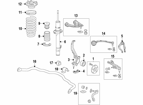 2015 Acura RLX Front Suspension Components, Lower Control Arm, Upper Control Arm, Stabilizer Bar Rubber, Left Front Shock Absorber Mounting Diagram for 51675-TY2-A01