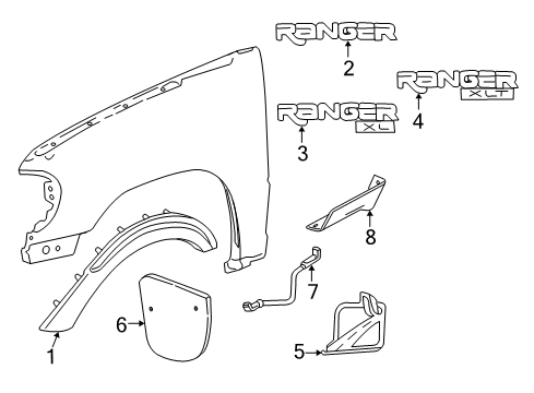 2004 Ford Ranger Exterior Trim - Fender Splash Guard Diagram for 1L5Z-16A550-AAC