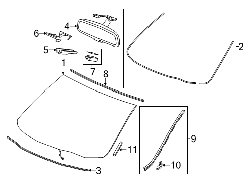 2016 Acura MDX Windshield Glass, Reveal Moldings Mirror, Rearview Diagram for 76400-TZ6-Y11