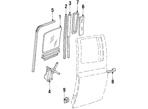 1991 GMC V2500 Suburban Rear Door - Glass & Hardware Rear Side Door Window Regulator Assembly Diagram for 22030649