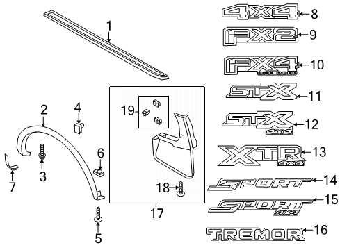 2022 Ford Ranger Exterior Trim - Pick Up Box Wheel Opening Molding Diagram for KB3Z-1029038-AB