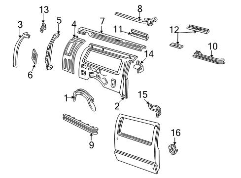 1993 Ford E-250 Econoline Inner Structure & Rails - Side Panel Inner Wheelhouse Diagram for F2UZ-1527886-A