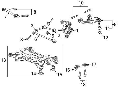 2009 Honda Accord Rear Suspension Components, Lower Control Arm, Upper Control Arm, Stabilizer Bar Sub-Frame Assembly, Rear Suspension Diagram for 50300-TA0-A50