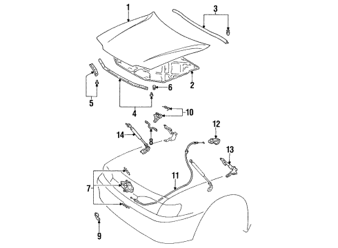 1994 Lexus ES300 Hood & Components Striker, Hood Lock Diagram for 53333-33010